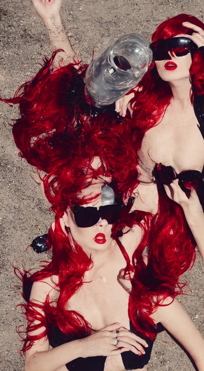 Prompt: woman, short red hair, wind in hair, sunglasses, red lipstick, hard light, lense flares, glamour, vogue photoshoot, fashion, short dress, black dress, sexy dress, latex, vinyl, sweat, sweaty skin, condensation, water drops