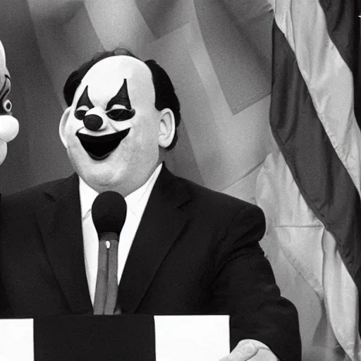 Prompt: photo of a president with clown face giving a speech in television