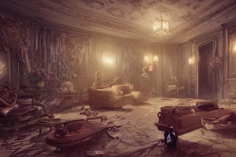 Image similar to a storybook illustration of inside a mansion rooms, hyper realistic, ambient lighting, concept art, intricate, hyper detailed, smooth, dynamic volumetric lighting, octane, raytrace, cinematic, high quality, high resolution, 4 k