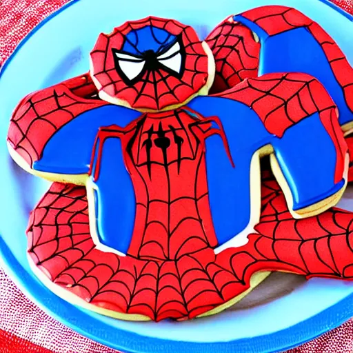 Prompt: spiderman gingerbread cookie detailed tasty frosting red white blue