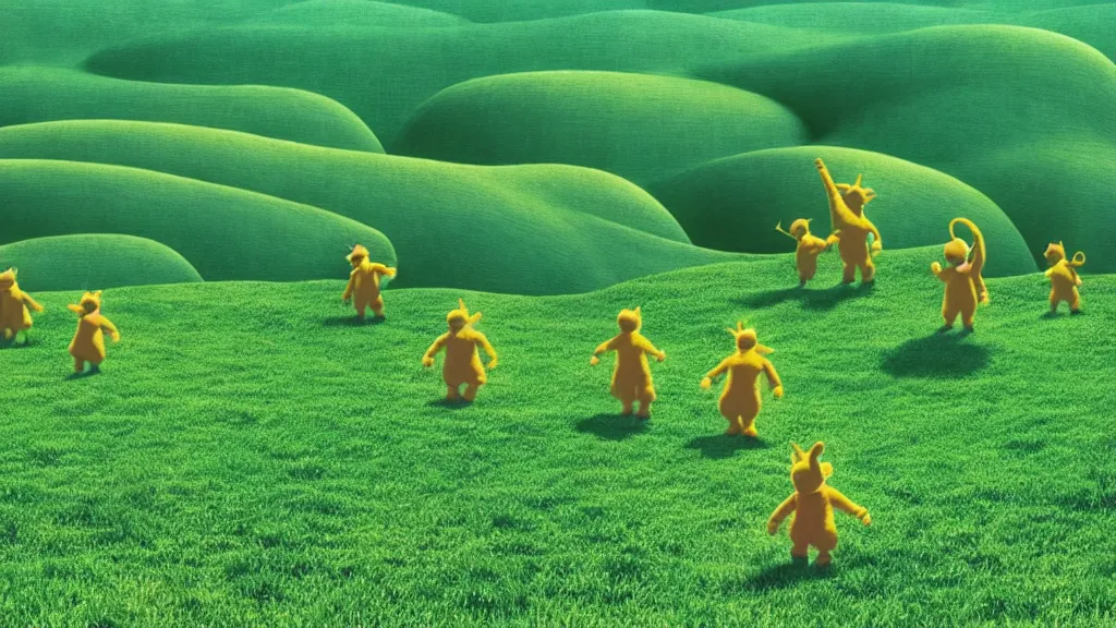 Image similar to Teletubbies performing cult sacrifice on sunny green hills, film still from the movie directed by Denis Villeneuve with art direction by Zdzisław Beksiński, wide lens