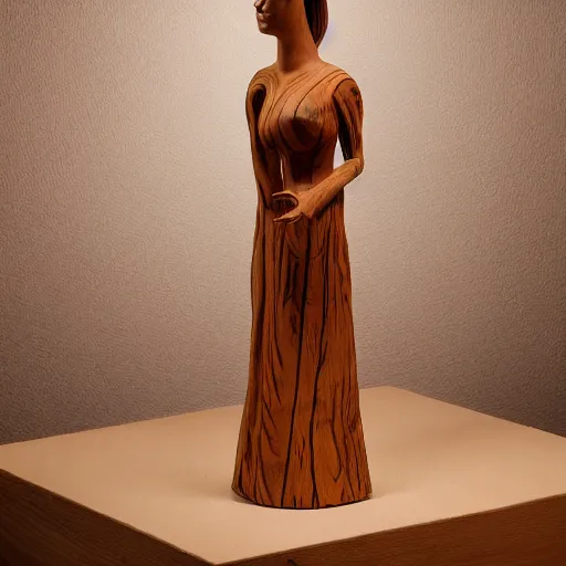 Prompt: Wood sculpture of a woman in a dress, studio lighting