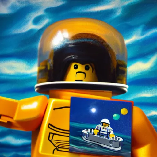 Prompt: lego blocks painting of astronaut in the ocean by fujita, goro, skies, realistic, colorful, positive vibes, cinematic, 3 d, hd