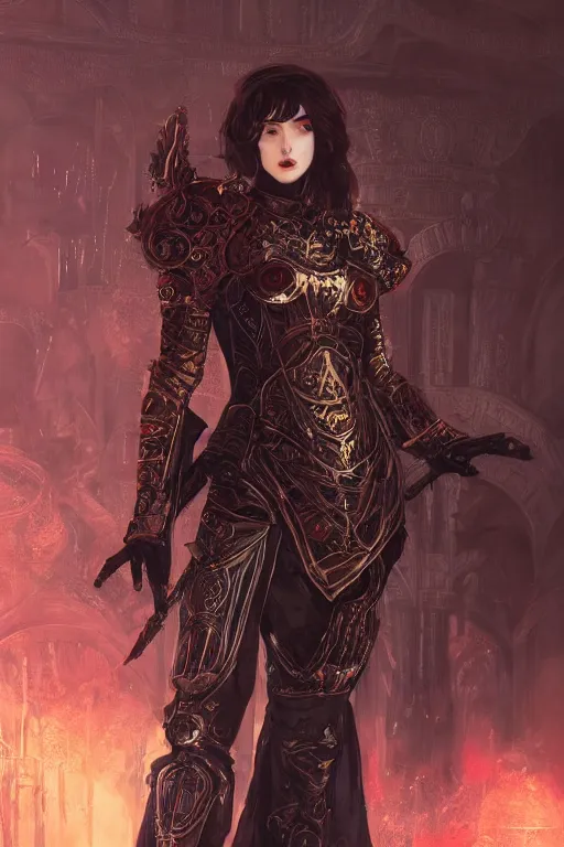 Image similar to portrait knights of Zodiac girl, metallic black and reddish armor, in ruined Agora of Athens, ssci-fi, fantasy, intricate, very very beautiful, elegant, highly detailed, digital painting, artstation, concept art, smooth, sharp focus, illustration, art by tian zi and WLOP and alphonse mucha