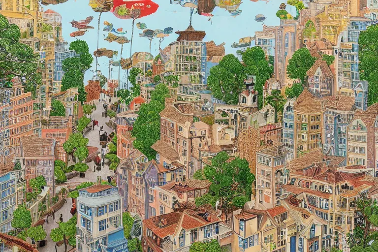 Image similar to an elaborate and dense painting of a peaceful neighborhood, detailed, made of alcohol ink on parchment and penned illustrations, by wes anderson and geoff darrow