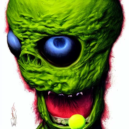 Prompt: a tennis ball monster alien, digital art, fantasy, magic, chalk, trending on artstation, ultra detailed, professional illustration by basil gogos