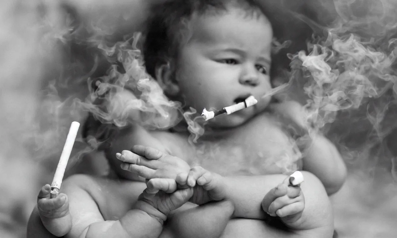 Prompt: a photograph of a baby smoking a crack pipe