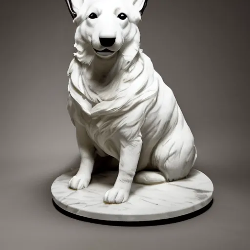 Image similar to statue of a Corgi dog, white marble, studio lighting, by Gian Lorenzo Bernini