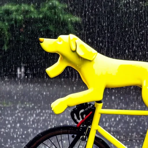 Image similar to a dog with a yellow hat riding a bike while raining