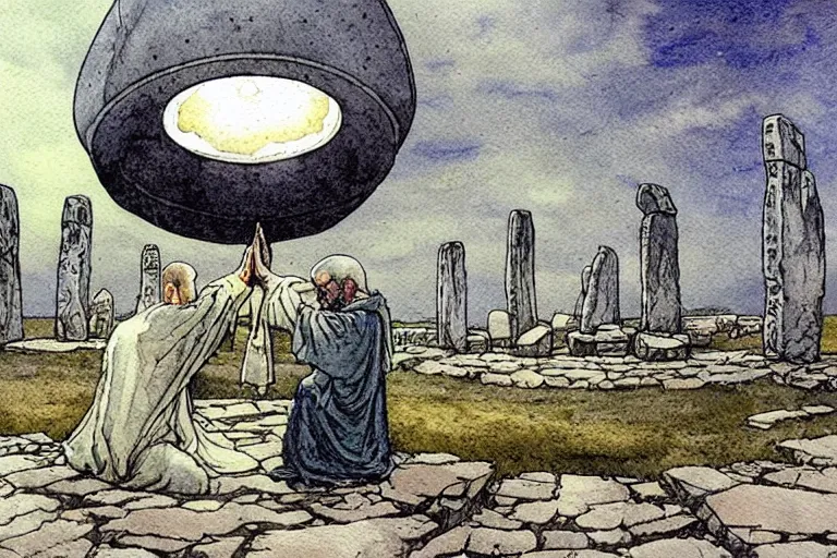 Image similar to a realistic and atmospheric watercolour fantasy concept art of a ufo landing in a floating stonehenge. one dirty medieval monk in grey robes is on his knees praying to the ufo. muted colors. by rebecca guay, michael kaluta, charles vess and jean moebius giraud