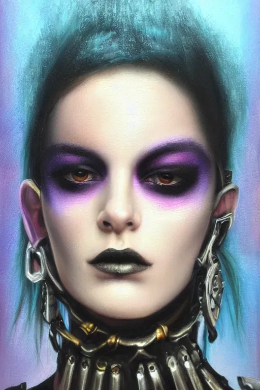 Image similar to hyperrealism oil painting, close - up portrait of punk gothic medieval brunette fashion model, knight, steel gradient mixed with nebula sky, in style of baroque