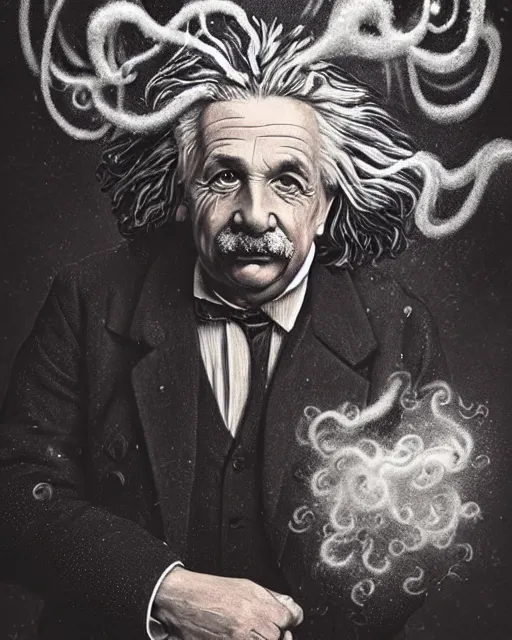 Image similar to a highly detailed portrait of Einstein as a devious male magician radiating a powerful energy aura, ornate back tuxedo, wispy tendrils of smoke, swirling vortex of energy, performance art, intricate, digital painting, old english, raining, sepia, particles floating, whimsical background by marc simonetti, art by artgerm and greg rutkowski and alphonse mucha