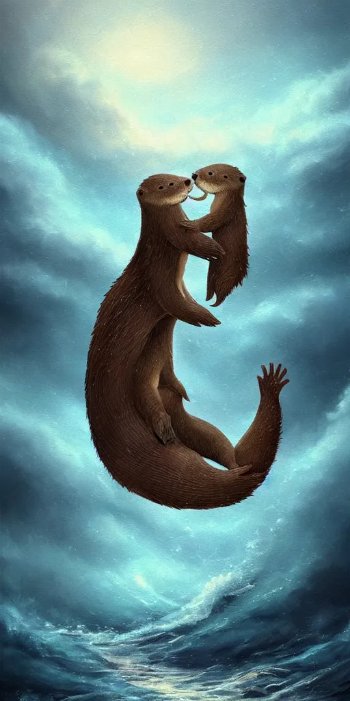 Prompt: adorable otter falling in love holding hands side by side, all alone in the middle of a scary storm at sea, fantasy illustration, cinematic, award winning, romantic, detailed trending on artstation, masterpiece