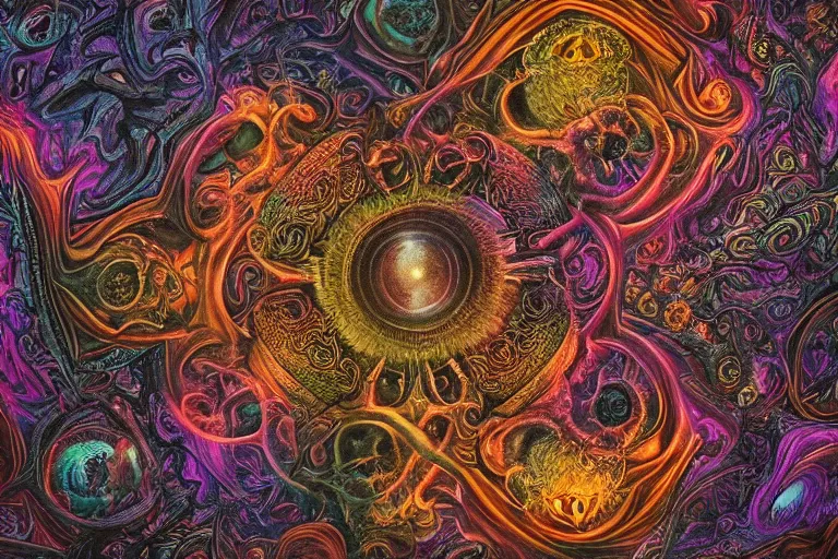 Image similar to a intricate mandala of skulls and flesh with deep and intricate rune carvings and twisting lovecraftian tentacles emerging from a space nebula by dan mumford, twirling smoke trails, a twisting vortex of dying galaxies, collapsing stars, digital art, photorealistic, vivid colors, highly detailed, intricate