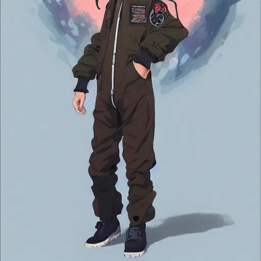 Image similar to a handsome young man! model, wearing ma - 1 flight suit jacket and overalls, bulky poofy bomber jacket with mayan patterns, trending on pixiv fanbox, painted by greg rutkowski makoto shinkai takashi takeuchi studio ghibli, akihiko yoshida