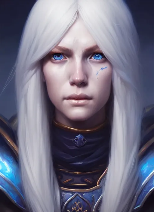 Image similar to a fantasy style portrait painting of shy white female paladin scarred left eye with blonde hair and blue eyes, holy oil painting unreal 5 daz. rpg portrait extremely detailed artgerm greg rutkowski _ greg