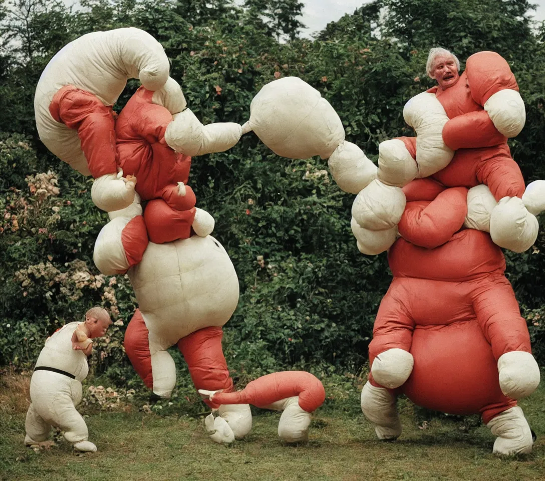 Prompt: a 3 5 mm photography, kodachrome colour, of grandpa fighting with white michelin man costume, riding a hippo, strange creatures and alien plants around, photos taken by martin parr
