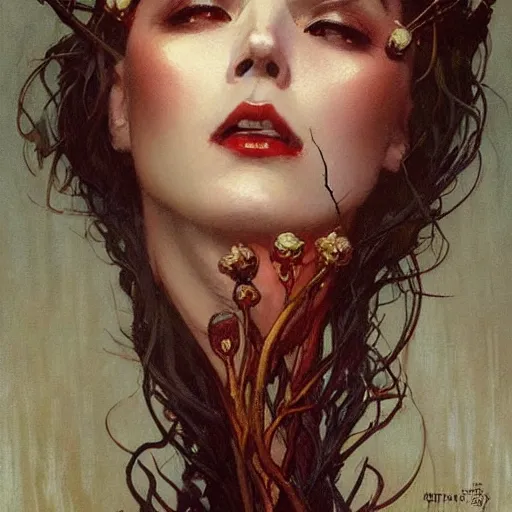 Prompt: portrait of a menacing beautiful vampire, face only, by Stanley Artgerm Lau , greg rutkowski, thomas kindkade, alphonse mucha, loish, norman rockwell, J. C. Leyendecker. hair waving in the wind, pale skin, sinister complexion, thorn crown, imagine bordered by thorns. D&D, fantasy. Trending on artstation rule of thirds extremely detailed illustration hd 4k