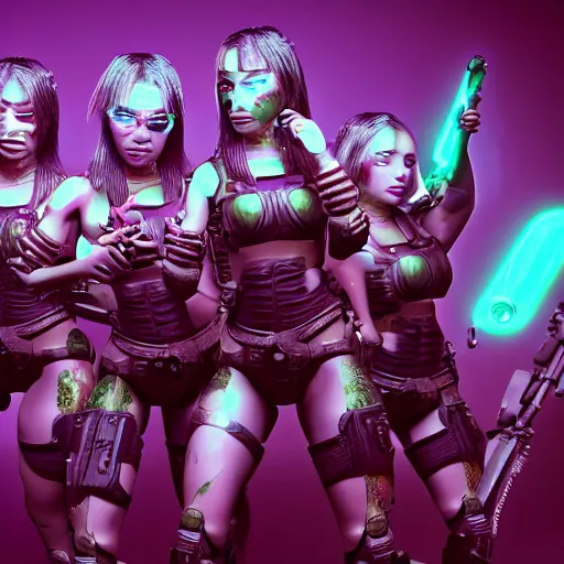 Image similar to girls in army of nurgl, all filtered through a cybernetic lens, studio lighting, lit by flashing pixel light, cinematic lightning, medium shot, mid-shot, highly detailed, trending on artstation, Unreal Engine 4k, cinematic wallpaper