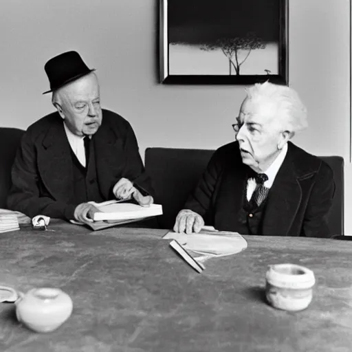 Prompt: john betjeman and bertrand russell having performative mid - century design arguments about paradox in poetry