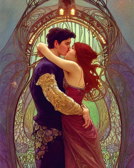 Image similar to the kiss | highly detailed | very intricate | art nouveau | gold filigree | romantic storybook fantasy | soft cinematic lighting | award - winning | watercolor illustration by mandy jurgens and alphonse mucha and alena aenami | pastel color palette | featured on artstation