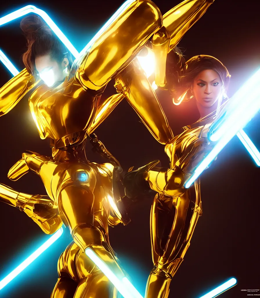 Prompt: cinematic, portrait photography, a beautiful beyonce android, perfect body, golden armor, neon holographic ui data displays, golden space gun, hajime sorayama, masamune shirow, tron, octane rendered, 4 k, lens flare,