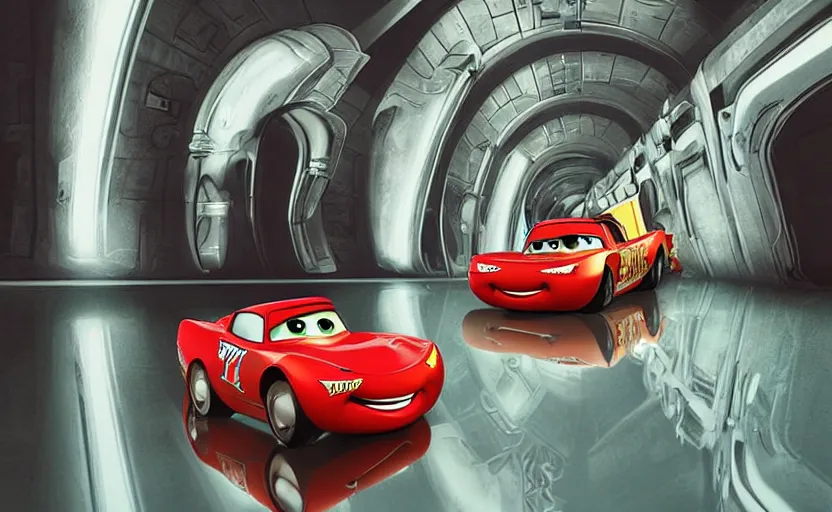 Image similar to lightning mcqueen and mater from cars in an endless spiral mirror hallway, romance novel cover, in 1 9 9 5, y 2 k cybercore, industrial photography, still from a ridley scott movie