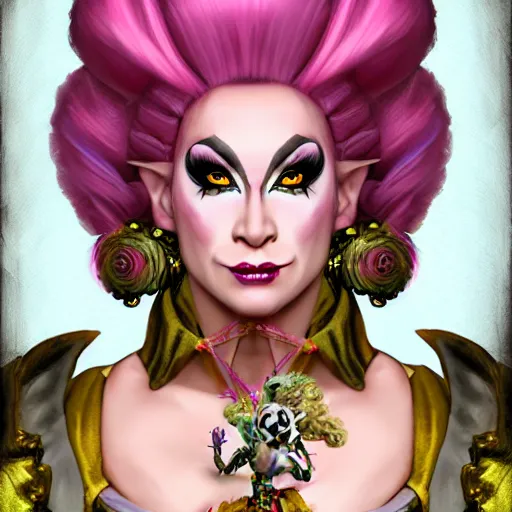 Image similar to d&d character artwork of an orc drag queen who is wearing a very girly prissy frilly rococo ballgown outfit and a huge rococo updo pouf wig, drag, girly, fabulous, D&D, fantasy artwork, highly detailed, digital painting, artstation, smooth, sharp focus, illustration, art by artgerm and greg rutkowski and alphonse mucha