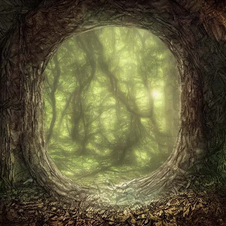 Prompt: Secret lit doorway portal in the dark mysterious forest photorealistic