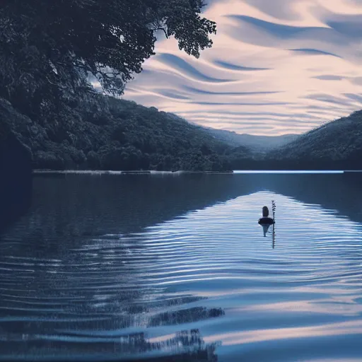 Image similar to dslr photo of a large lake with ripples from a pebble skimming across the water, full bodied portrait, artgerm, artstation, very high quality effects, intricate details,, extremely high quality, moody lighting, real camera, real photo, photography by deviantart, 8 k, full subject in shot