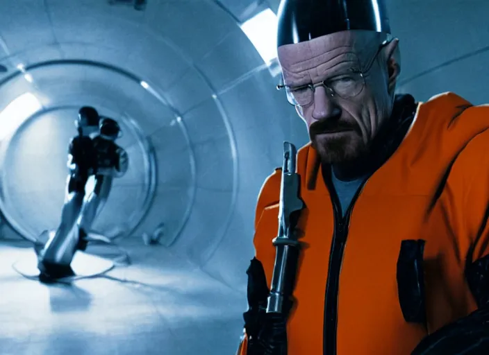 Image similar to film still of Walter White as Gordan Freeman in an underground lab facility wearing a black HEV suit with an orange lambda logo in front with a glowing blue portal in the background in the Half Life Movie, 4k