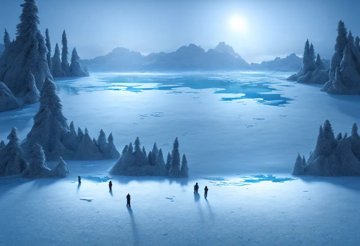 Image similar to inside of frozen lake winter landscape of human mind and imagination, matte painting, beautiful render, octane render, concept art