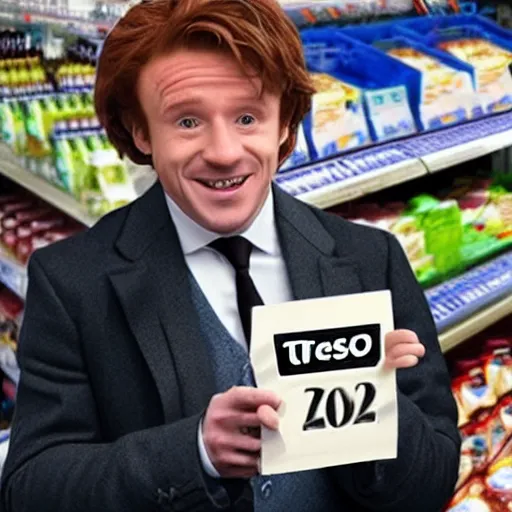 Prompt: a photo of ron weasly robbing a Tesco