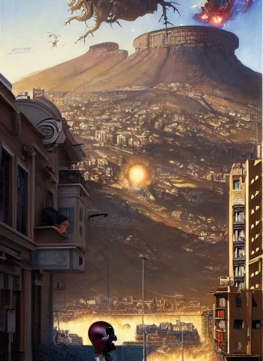 Image similar to hyper realistic robot attacking cape town city,. poster painted by light and magic by wizards of the coast norman rockwell, james gurney and greg rutkowski weta studio, and lucasfilm and best of artstation