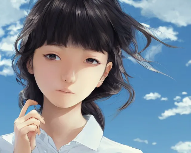 Image similar to teen looking at blue sky, wearing white shirt, cool pose, sharp details, sharp focus, detailed face, illustration, by pine ( ハイネ ) and 薯 子 imoko and 香 川 悠 作 and wlop and maya takamura, highly detailed, trending artstation, pixiv, digital art