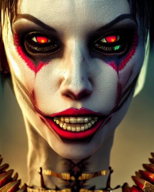 Image similar to beautiful headshot of the psychotic aztec nightmare queen, realistic render, unreal engine, cgsociety, trending on deviantart, cinematic lighting, highly detailed