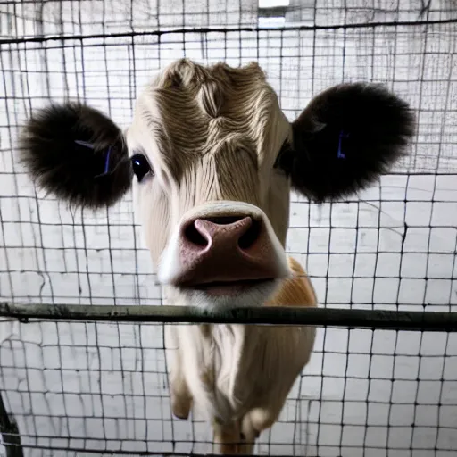 Image similar to mugshot of a cute calf with big eyes dressed as an inmate inside a jailcell