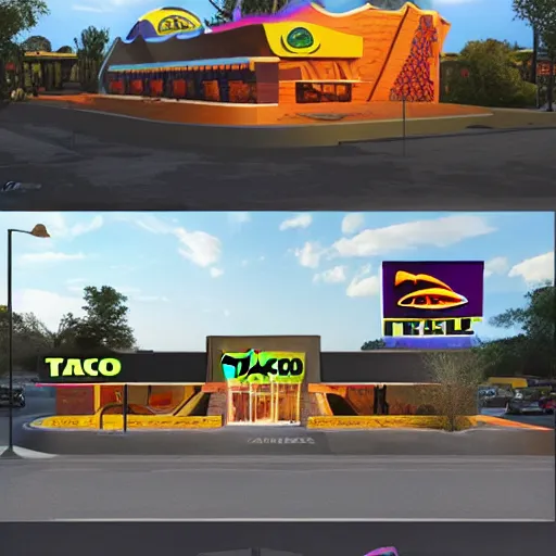 Image similar to taco bell fast food restaurant inspired by raphael lacoste, simon stalenhag, frank lloyd wright, zaha hadid, matte painting