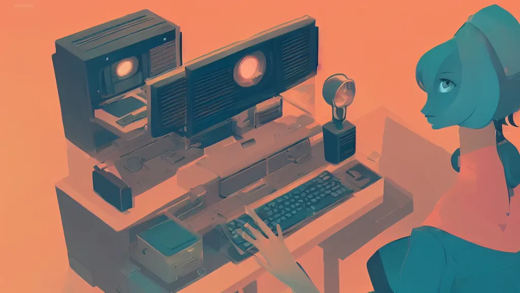 Image similar to stylized minimalist retro computer, loftis, cory behance hd, by moebius, makoto shinkai and lois van baarle, ilya kuvshinov, rossdraws global illumination