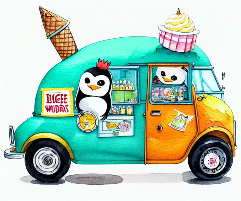 Image similar to cute and funny, penguin riding in a tiny ice cream truck with an oversized engine, ratfink style by ed roth, centered award winning watercolor pen illustration, isometric illustration by chihiro iwasaki, edited by range murata, tiny details by artgerm and watercolor girl, symmetrically isometrically centered, sharply focused