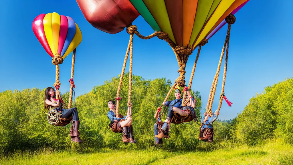 Image similar to large colorful steampunk balloons with people on rope swings underneath, flying high over the beautiful countryside landscape, professional photography, 8 0 mm telephoto lens, realistic, detailed