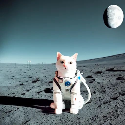 Prompt: cat wearing astronaut suit on the moon sigma 1 4 mm f / 1. 8 planet earth in the background