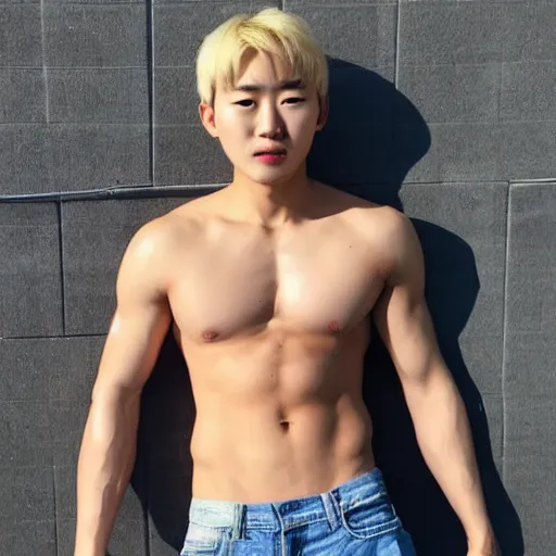 Image similar to a blond korean 2 0 year old man with large muscles and abs