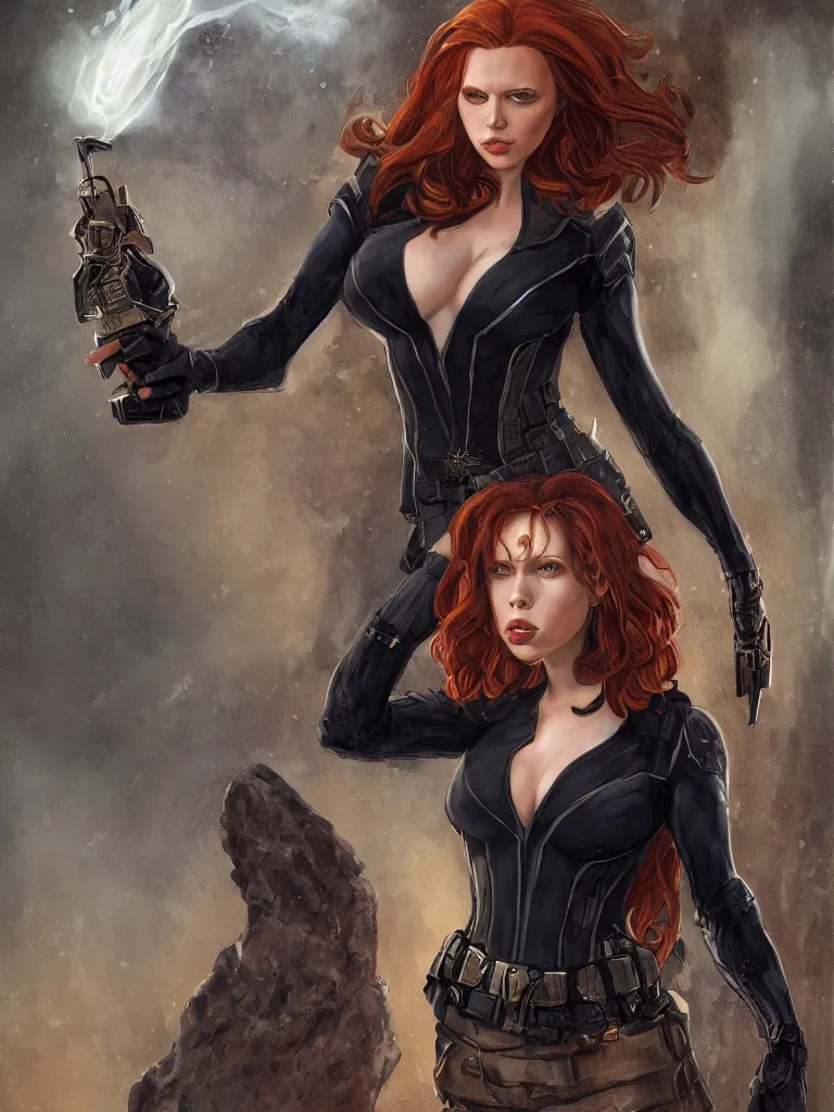 Image similar to portrait of marvel's black widow as a beautiful scandinavian goddess in a icelandic courtyard holding a pistol, decolletage, confident pose, coherent, insane detail, concept art, character concept, cinematic lighting, global illumination radiating a glowing aura