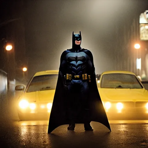 Image similar to michael bay, batman, jerry bruckheimer, batmobile, moody, foggy, rainy, suit, cape, fuji film, kodak, alleyway, batmobile, dark knight, the bat, redshift