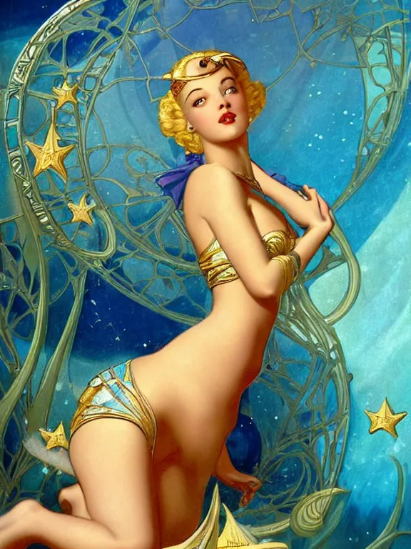 Image similar to princess kida the high queen of ancient atlantis, a beautiful art nouveau portrait by gil elvgren, beautiful underwater city environment, centered composition, defined features, golden ratio, silver jewelry, stars in her gazing eyes