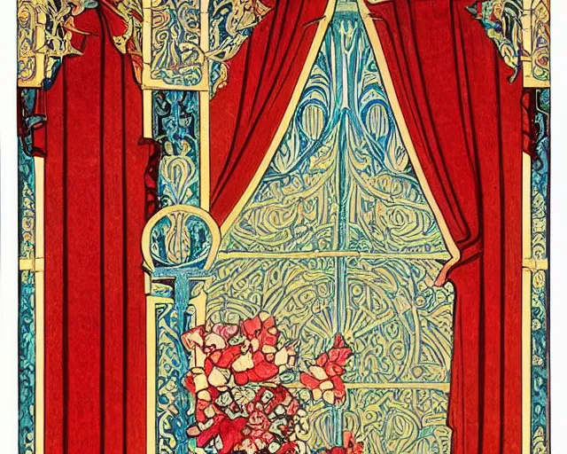 Prompt: symmetrical mural painting from the early 1 9 0 0 s in the style of art nouveau, red curtains, art nouveau design elements, art nouveau ornament, scrolls, flowers, flower petals, rose, opera house architectural elements, mucha, masonic symbols, masonic lodge, joseph maria olbrich, simple, iconic, masonic art, masterpiece