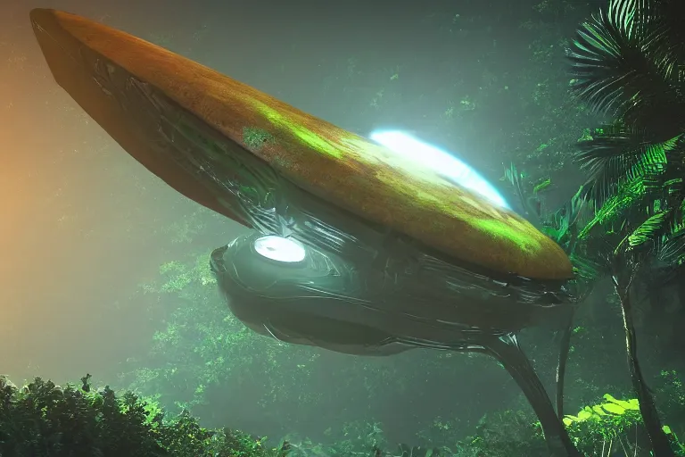 Image similar to big alien space ship flying in the tropical jungle, award winning, trending on artstation, unreal engine