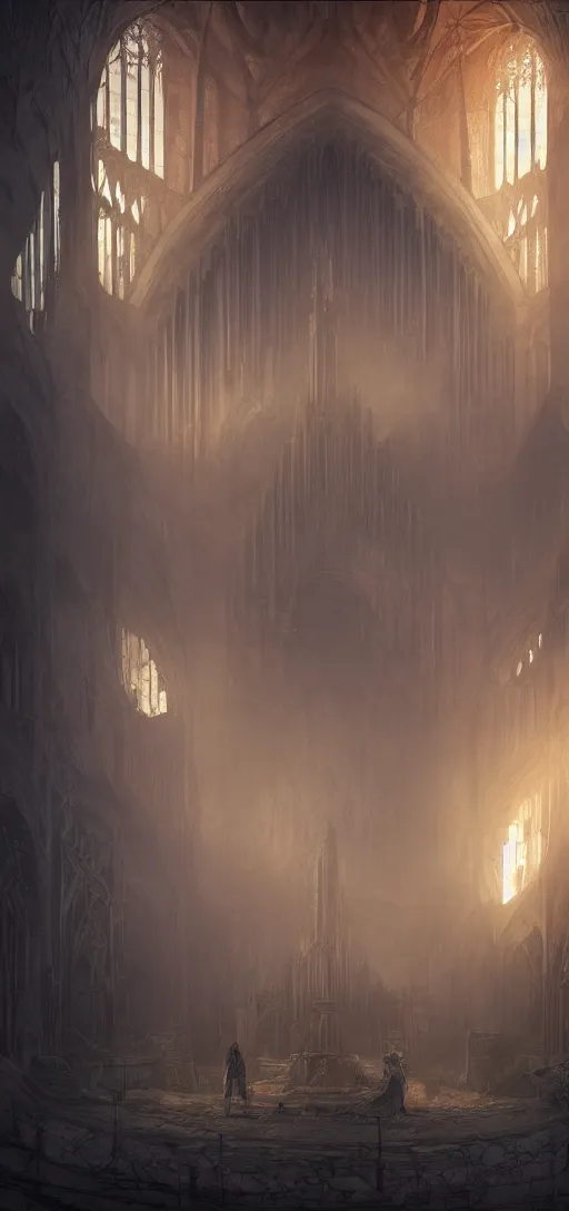 Image similar to pipe organ in an sunken cathedral, obsidian walls with silver trim, smoke, fog, unearthly light, by peter mohrbacher dan mumford craig mullins nekro, cgsociety, pixiv, volumetric light, 3 d render, smoke, dark fog, sunset colors