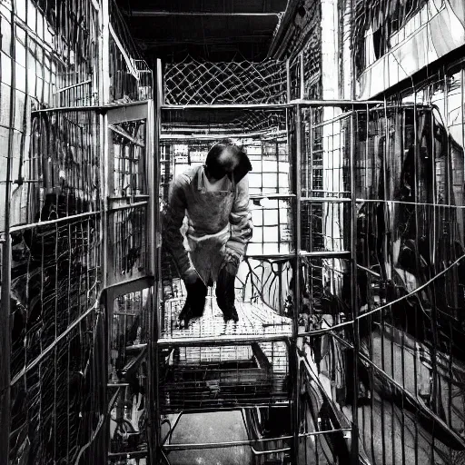 Image similar to scientists studying a creature locked in a cage in a warehouse, 1 9 2 0's sci - fi, black and white, 8 k, highly ornate intricate details, extreme detail,